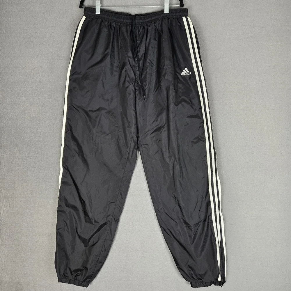 VTG Adidas Track Pants Mens XL Black White 3 Stripe Lined Ankle Zip Drawstring